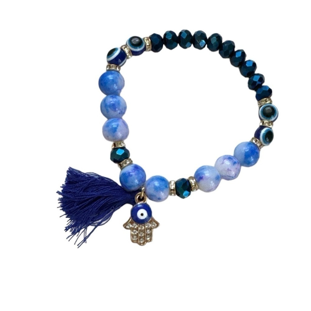 Evil eye bracelet NEW stretch beaded tassel blue marble Hamsa
